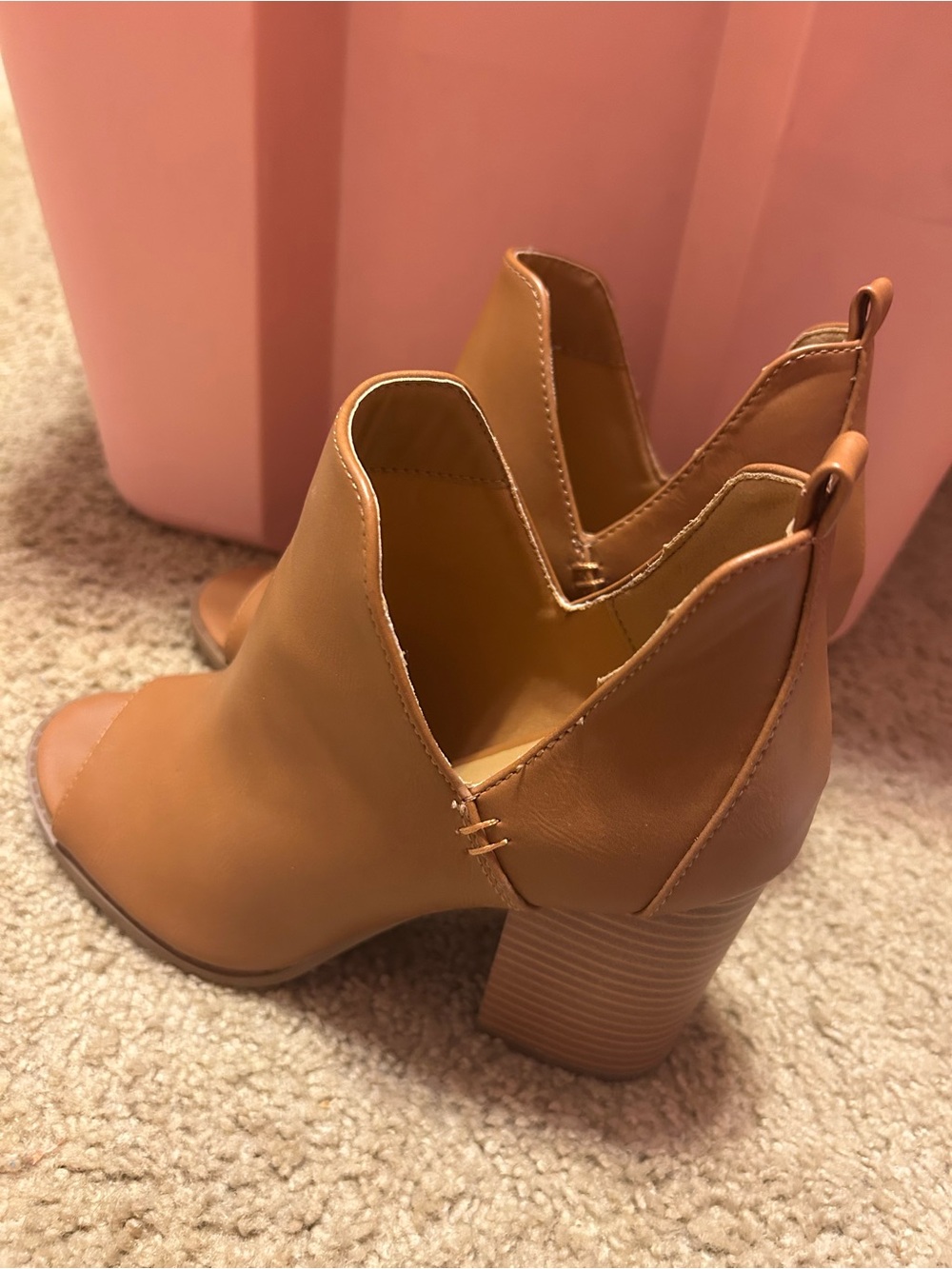Pink Lily Womenโs Faux Leather Brown Open-Toe Block Heel Booties